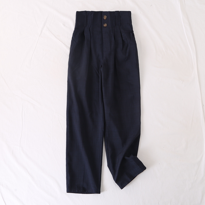 时尚简约松紧腰麻调直筒休闲裤