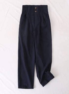 日单品牌秋冬新款时尚百搭两粒扣半松紧腰麻调直筒裤休闲裤28105