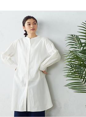 日单品牌春夏新款气质圆领系扣扭结设计长袖衬衫棉麻衬衫裙28364