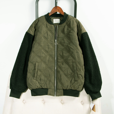 绗线羊羔绒拼接长袖棉衣夹克外套