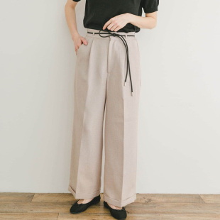 女30630 金属扣半松紧腰压褶前襟卷边麻调休闲裤 日单春夏新款 时尚