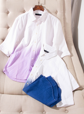 日单夏季新款男女衬衫翻领系扣渐变扎染牛津纺棉中袖衬衫30270