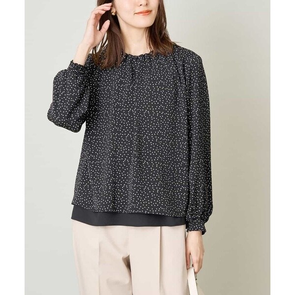 松紧百褶立领带内衬长袖雪纺衬衫