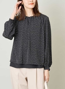 日单春秋新款优雅气质百搭松紧百褶立领带内衬长袖雪纺衬衫30606