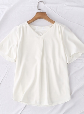 日单夏季新简单优雅休闲女装纯色V领荷叶袖短袖雪纺衫上衣18472
