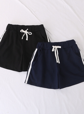 日单春夏新款童装学生装运动松紧腰系带侧边条纹棉毛圈短裤25186