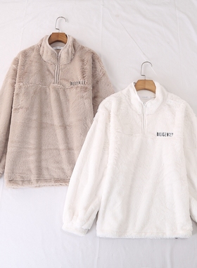 日单秋冬新款温暖软fufu半拉链套头立领字母刺绣毛圈绒卫衣24626