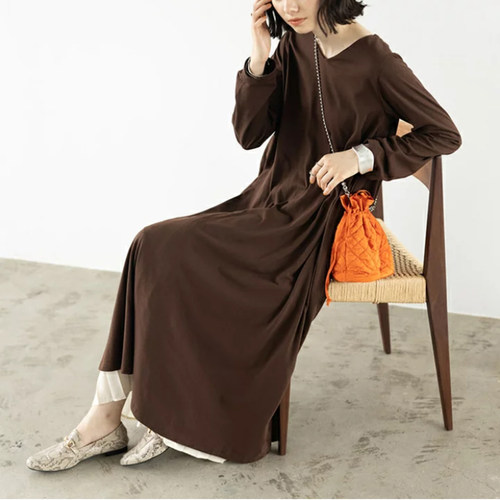 优雅气质v领宽松摆长袖T恤连衣裙