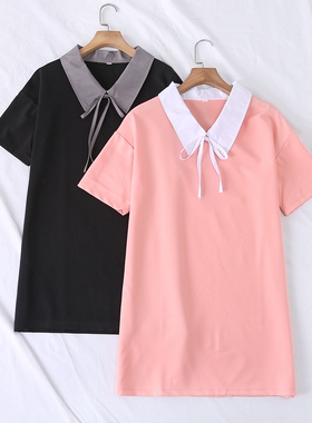 超值夏季新品学院风清新减龄拼色V领口系带中长款短袖连衣裙11106