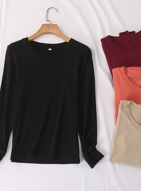 推荐！打底BI备日单秋冬简约休闲舒适V领棉长袖T恤打底衫女25626