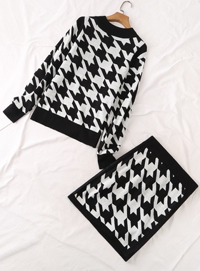 日系秋冬新款时尚有型中领几何图形针织衫+包臀裙 针织套装19913