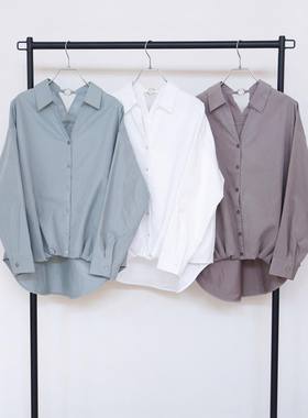 日单春秋新款时尚简单百搭后圆环翻领长袖不对称下摆衬衫女26502