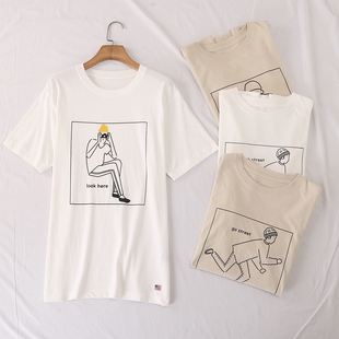 T恤男女26604 全棉短袖 日单春夏新款 休闲百搭纯色方框清新印花大版