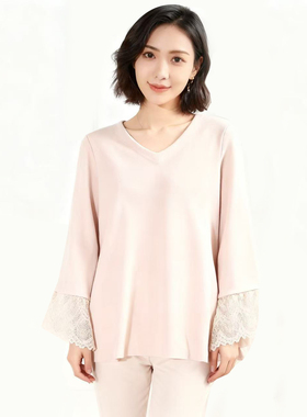 日单品牌秋冬新款优雅百搭鸡心领蕾丝拼接袖长袖针织衫毛衣28856