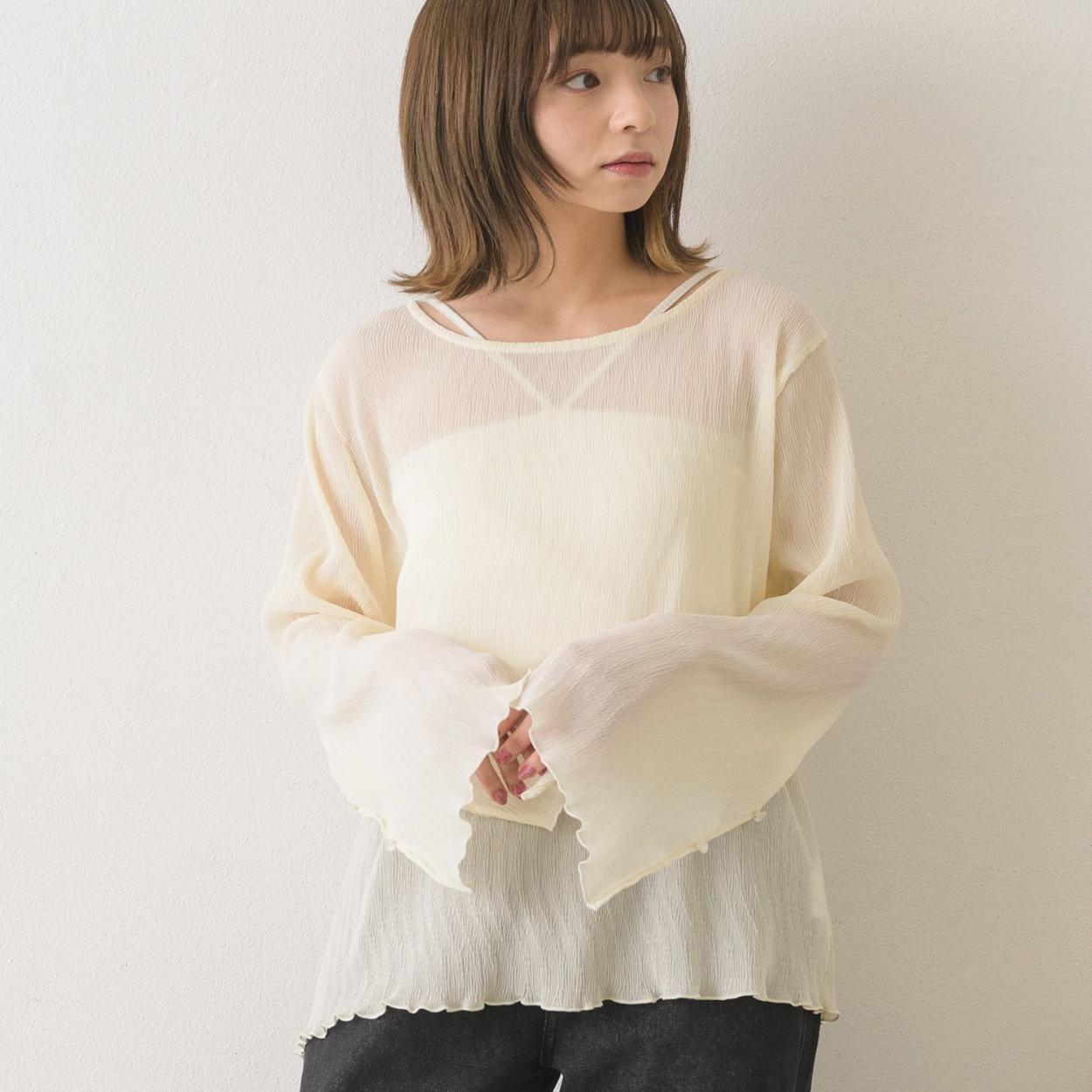 日单品牌春夏优雅百搭圆领褶皱肌喇叭袖长袖透视打底衫小衫28285