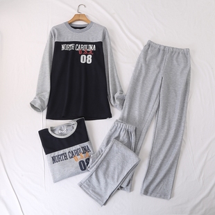 男女家居服套装 子睡衣睡裤 圆领拼色长袖 裤 20214 T恤 日单春秋新款