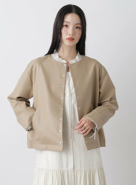 日单品牌春秋新款时尚气质百搭圆领按扣轻软皮衣夹克外套女32403