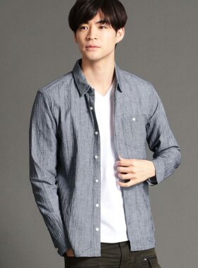 日单春秋新款简单休闲翻领纽扣杨柳褶皱肌理感长袖衬衫男女23991