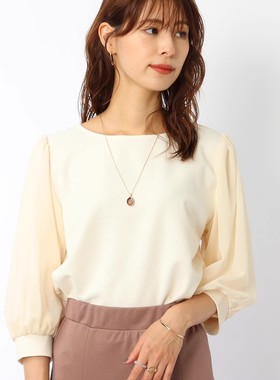 日单品牌春夏新款气质优雅圆领拼接七分袖横坑条雪纺衫上衣26422