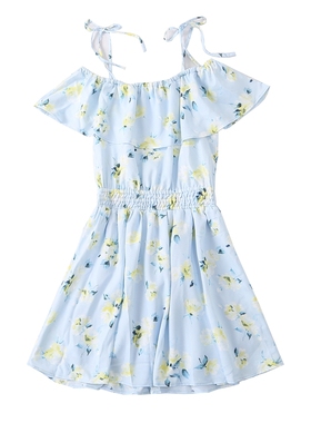 日单夏季新款甜美少女感松紧一字肩吊带印花收腰连衣裙短裙16505