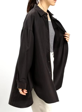 日单品牌春夏休闲百搭显气质翻领系扣口袋中长款衬衫上衣女25506