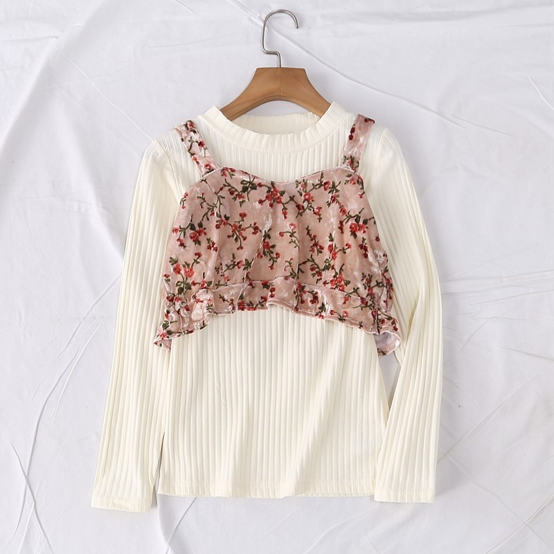 春秋童装日单圆领长袖竖坑条针织打底衫+金丝绒小花吊带套装18473