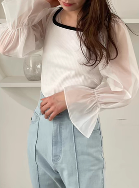 日单品牌mj春夏秋仙气淑女撞色滚边拼接雪纺喇叭袖针织小衫27161