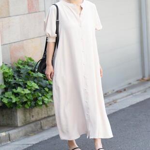 日单品牌春夏新品两穿柔顺圆领系扣松紧灯笼短袖长款连衣裙27532