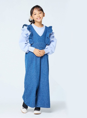 日单品牌童装时尚休闲荷叶边双V领蝴蝶结牛仔裤连体阔腿裤26706