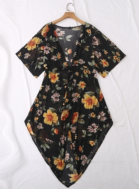 外贸单夏季新款轻盈网眼透视感花朵印花系带不规则针织开衫21227