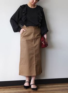 日单品牌春秋新款优雅圆领后颈一粒扣荷叶边装饰长袖衬衫25167