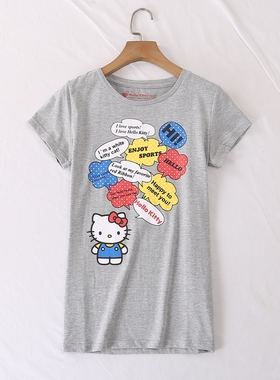 日单品牌春夏新款清新少女趣味时尚圆领KT猫印花棉短袖T恤25466