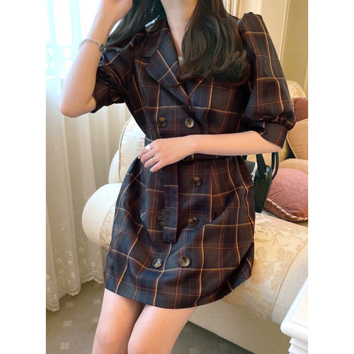 gr*春夏西装领格纹短连衣裙