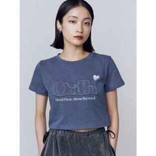 辣妹高腰显身材字母贴布棉短袖 时尚 T恤女30671 新款 日单品牌夏季