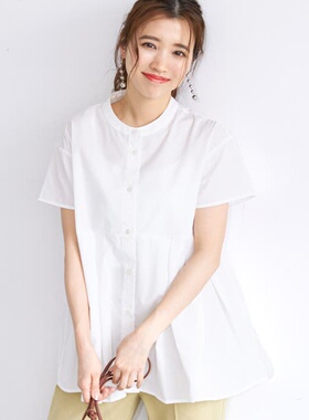 日单品牌coc*春夏新款圆领系扣宽松娃娃衫下摆短袖棉衬衫女31091