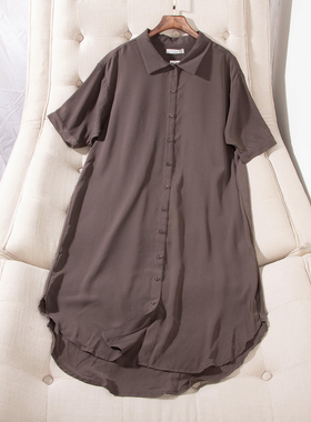 日单夏季新款休闲两穿翻领系扣短袖中长款雪纺衬衫连衣裙女29603