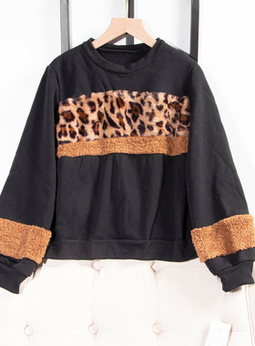 日单品牌冬季新款俏皮减龄圆领豹纹拼接加绒卫衣上衣绒衫32127
