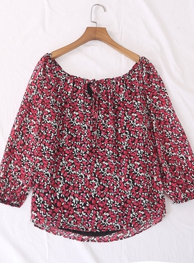 外贸单春夏新款甜美大圆领领口系带印花带内衬雪纺衫小衫女25947