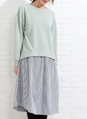 日单春秋简单纯色圆领拼接条纹裙摆假两件长袖连衣裙女19390