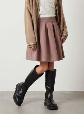 日单秋冬新款童装可爱英伦风百搭半松紧口袋A字磨毛半身裙女24336