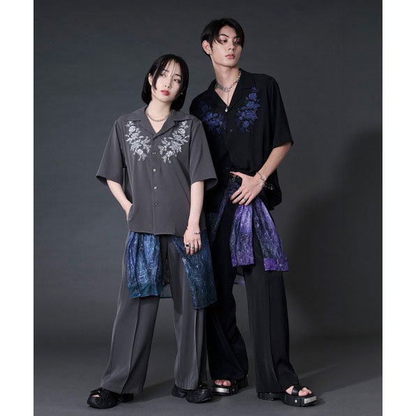 日单潮牌夏季新款时尚宽松重工花朵刺绣凉感短袖衬衫男女32858