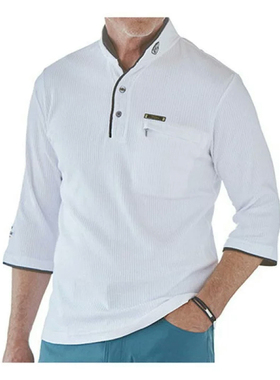 日单男装春夏时尚商务休闲运动百搭两粒扣翻领坑条POLO衫T恤27291