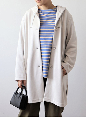 日单品牌春秋新款简约休闲百搭连帽飘带纽扣侧开叉开衫外套31079