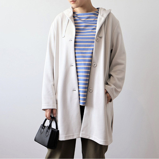日单品牌春秋新款简约休闲百搭连帽飘带纽扣侧开叉开衫外套31079