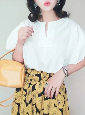 日单品牌春夏新款清新甜美百搭立体感V领松紧灯笼短袖衬衫29341