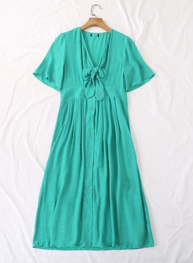 外贸单春夏新款简约甜美优雅系带蝴蝶结深V领短袖纽扣连衣裙23845