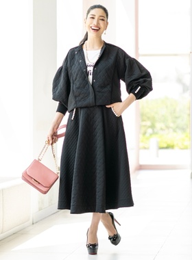 日单品牌秋冬新款V领按扣款珍珠袖长袖菱形绗线夹棉薄款外套27842