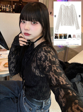 日单品牌gr*春秋新款时尚甜美小性感圆领透视蝴蝶提花蕾丝衫31346