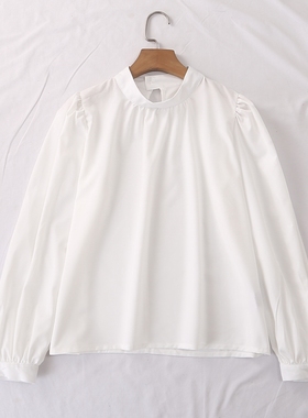 日单品牌春秋新款简约大方优雅百搭立领后颈一粒扣长袖衬衫23611