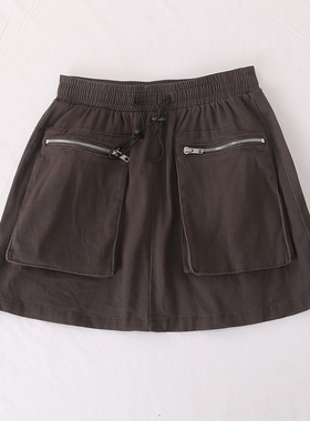 日单品牌春夏新款时尚百搭松紧腰抽绳拉链口袋棉牛仔短裙26924